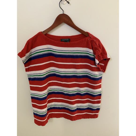 Lauren LRL Women Size 1X Top Multicolor Striped Linen Blend Knit Round Neck - Picture 1 of 4